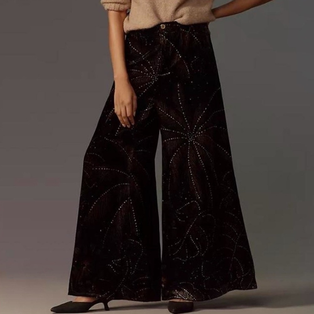 Anthropologie + Farm Rio Wide Leg Velvet Foliage Print Pants NWT